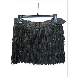 Black Fringe Mini Skirt with Studded Belt